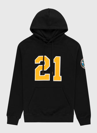 The EFF Roberto Clemente French Terry Feld Pullover Hoodie is a black hoodie with a bold yellow 21 on the front and a circular patch on the sleeve—an ideal tribute for Pittsburgh Pirates fans.