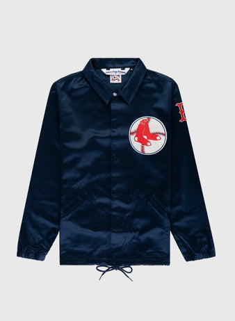 The EFF Boston Red Sox 1967 Satin Windbreaker Jacket is a navy blue vintage piece featuring a large red Red Sox logo on the left chest, a red B patch on the sleeve, front pockets, collar, and drawstring hem.