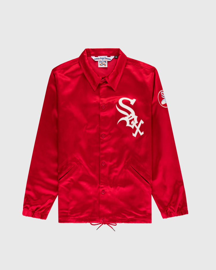 The EFF Chicago White Sox 1971 Satin Windbreaker Jacket features bright red satin, a white stylized Sox chest logo, white sleeve emblem, collar, snap buttons, front pockets, and elastic cuffs for classic MLB vintage style.