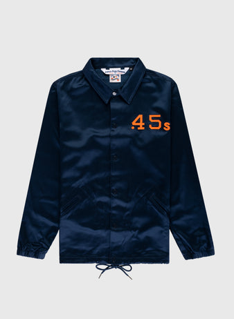 The EFF Houston Colt .45s 1962 Satin Windbreaker Jacket is a navy blue satin coach jacket with a collar, snap buttons, front pockets, drawstring hem, and elastic cuffs. Large orange .45s chest text honors the classic Houston Colt .45s style.