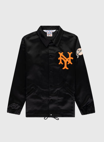 The EFF New York Giants 1954 Satin Windbreaker Jacket features a black button-up design with an orange NY logo on the chest, a Giants sleeve patch, collar, elastic cuffs, and a drawstring hem for authentic retro MLB style.