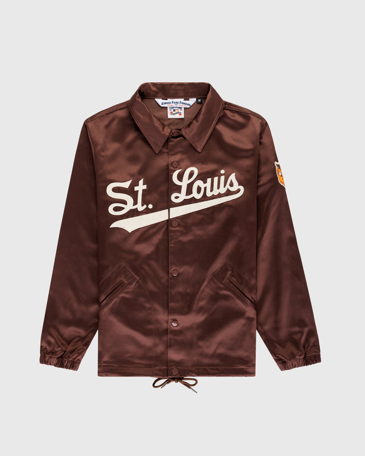 The EFF St. Louis Browns 1952 Satin Windbreaker Jacket features St. Louis in cream script, a left sleeve patch, collar, snap buttons, and side pockets—delivering classic MLB vintage style.