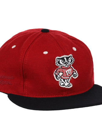 The EFF University of Wisconsin Mascot Vintage Ballcap features a red crown, black brim, embroidered badger mascot in a red sweater, and Wisconsin Badgers stitched on the side—perfect for any Big Ten baseball fan.