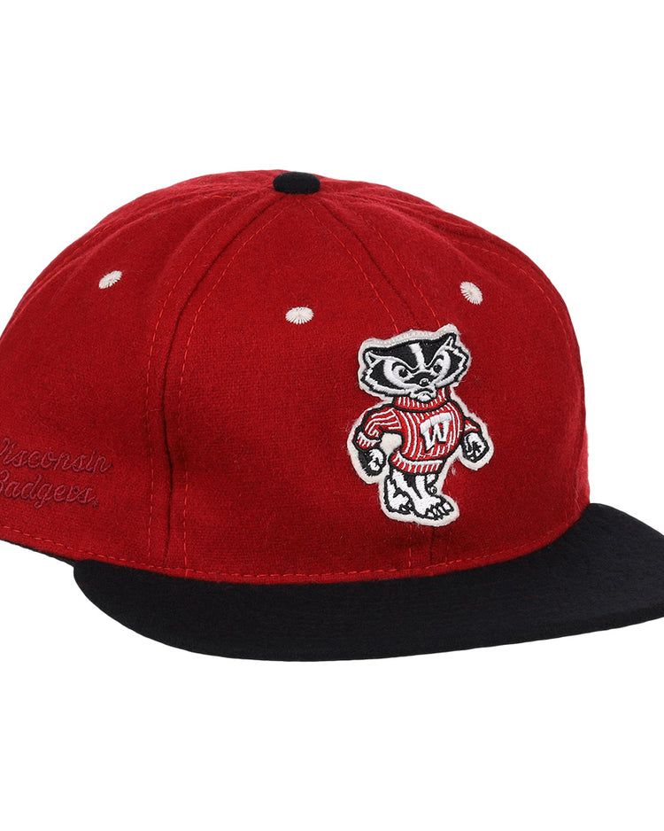 The EFF University of Wisconsin Mascot Vintage Ballcap features a red crown, black brim, embroidered badger mascot in a red sweater, and Wisconsin Badgers stitched on the side—perfect for any Big Ten baseball fan.