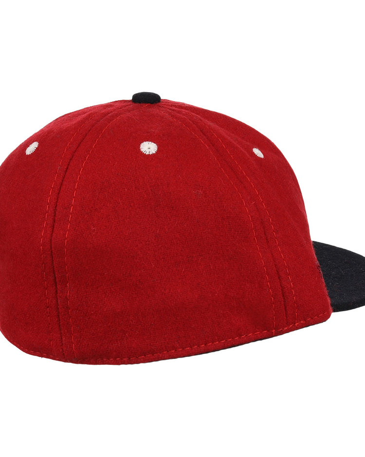 The EFF University of Wisconsin Mascot Vintage Ballcap features a red design with a black brim and four white ventilation dots, shown from the back and side—ideal for Wisconsin Baseball fans or Big Ten championship celebrations.