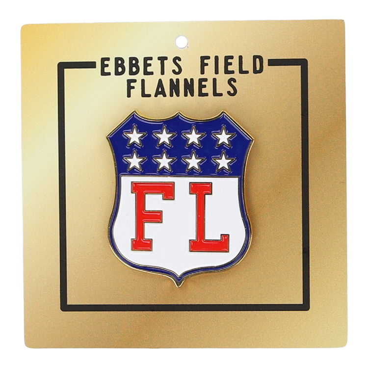 A limited edition pin, inspired by the 1913 Pittsburgh Filipinos vintage ballcap, features blue and white stars atop red FL letters on a gold Ebbets Field Flannels backing.