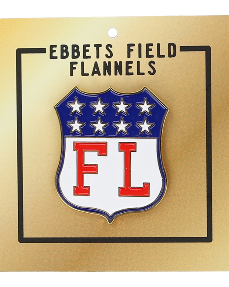 A limited edition pin, inspired by the 1913 Pittsburgh Filipinos vintage ballcap, features blue and white stars atop red FL letters on a gold Ebbets Field Flannels backing.