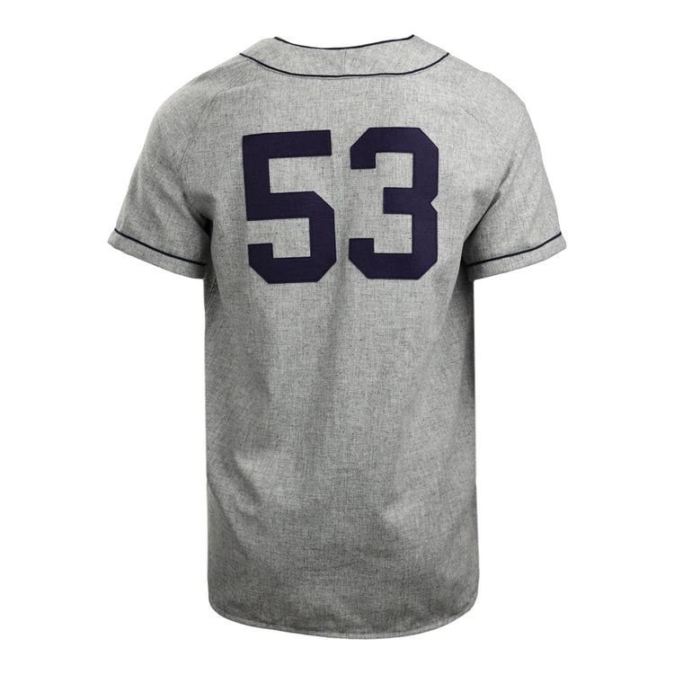 The EFF Duke University 1953 Road Jersey is a gray short-sleeve baseball jersey with black trim and large dark number 53 on the back, inspired by the original 1953 design and shown on a plain white background.