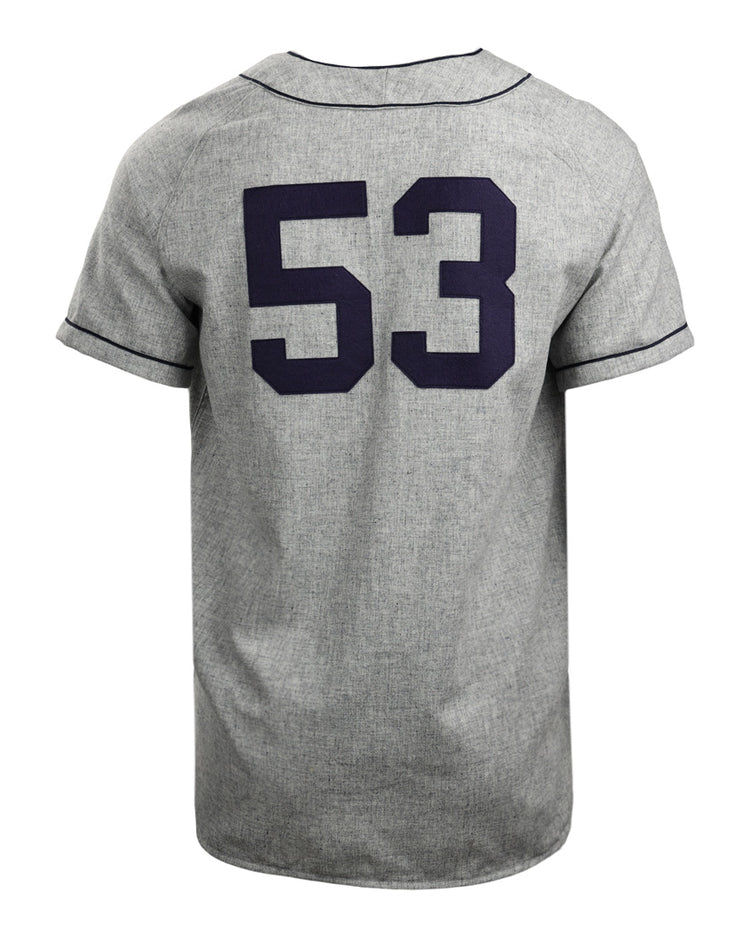 The EFF Duke University 1953 Road Jersey is a gray short-sleeve baseball jersey with black trim and large dark number 53 on the back, inspired by the original 1953 design and shown on a plain white background.