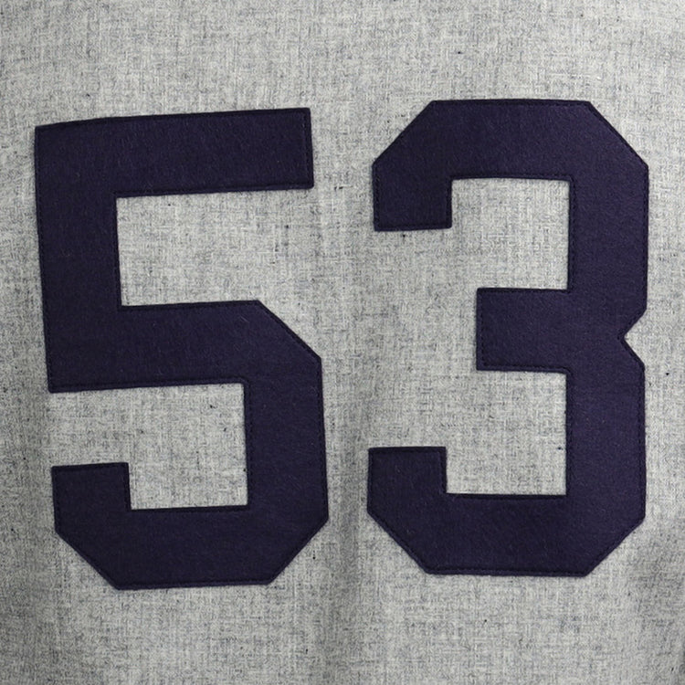 A large, dark number 53 stands out on light gray, textured fabric, inspired by the Duke University 1953 Road Jersey from EFF.