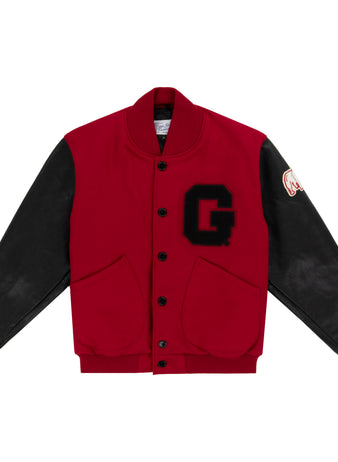 The EFF University of Georgia 1939 Authentic Jacket features a red body, black leather sleeves, black buttons, two front pockets, a large black G patch on the chest, and red ribbed cuffs and waistband for a classic collegiate look.