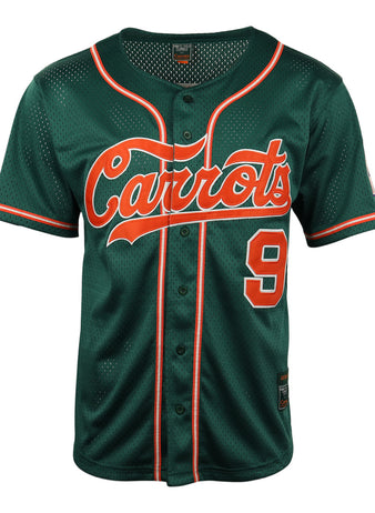 The EFF Carrots Arlington Heights Collection Button-Up Mesh Jersey features dark green mesh, orange and white trim, Carrots script across the chest, and a #9 on the lower right front, inspired by Ebbets Field Flannels classics.