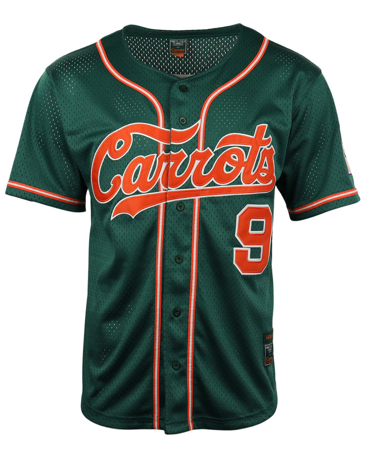 The EFF Carrots Arlington Heights Collection Button-Up Mesh Jersey features dark green mesh, orange and white trim, Carrots script across the chest, and a #9 on the lower right front, inspired by Ebbets Field Flannels classics.
