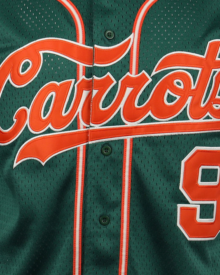 Close-up of EFFs Carrots Arlington Heights Collection Button-Up Mesh Jersey in green mesh with orange and white trim. Carrots appears in orange script across the chest, with the number 9 on the lower right side.