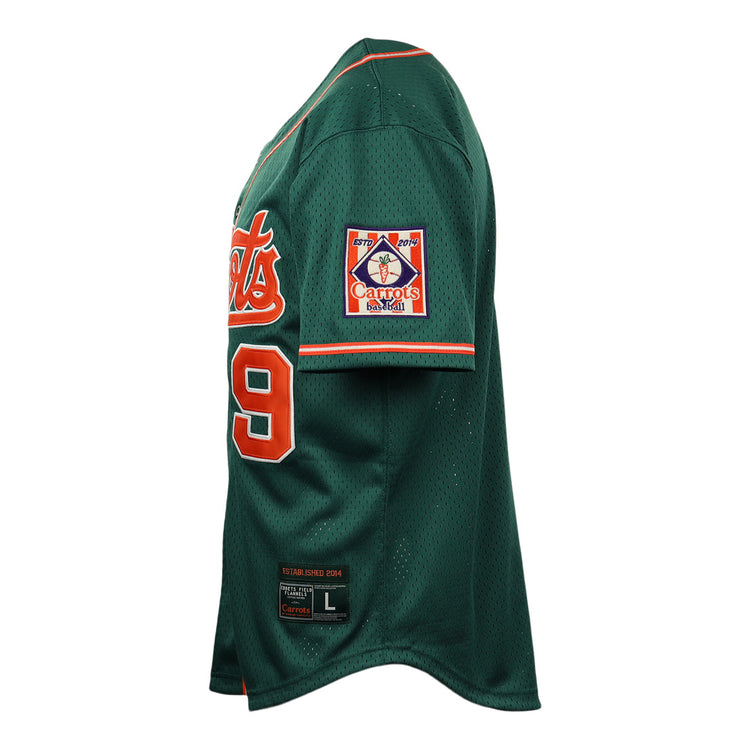 The EFF Carrots Arlington Heights Collection Button-Up Mesh Jersey features green mesh, orange and white trim, number 9 on the side, a Carrots patch on the sleeve, and a black L-size Spring Summer 2024 label near the hem.
