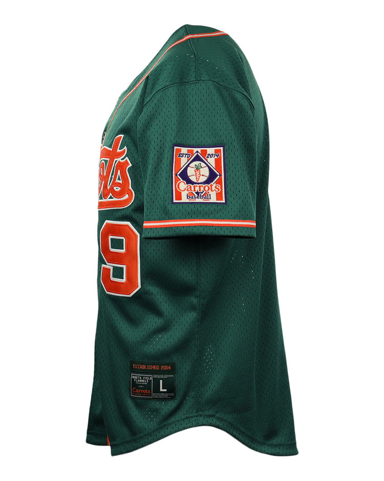 The EFF Carrots Arlington Heights Collection Button-Up Mesh Jersey features green mesh, orange and white trim, number 9 on the side, a Carrots patch on the sleeve, and a black L-size Spring Summer 2024 label near the hem.
