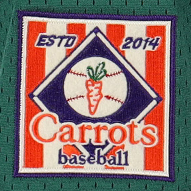 A red and white striped patch with a carrot baseball diamond, ESTD 2014 above, and Carrots baseball below is sewn onto the green mesh EFF Carrots Arlington Heights Collection Button-Up Mesh Jersey.