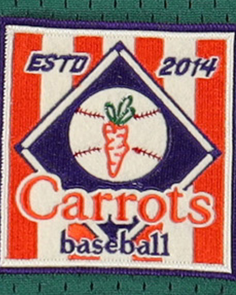 A red and white striped patch with a carrot baseball diamond, ESTD 2014 above, and Carrots baseball below is sewn onto the green mesh EFF Carrots Arlington Heights Collection Button-Up Mesh Jersey.