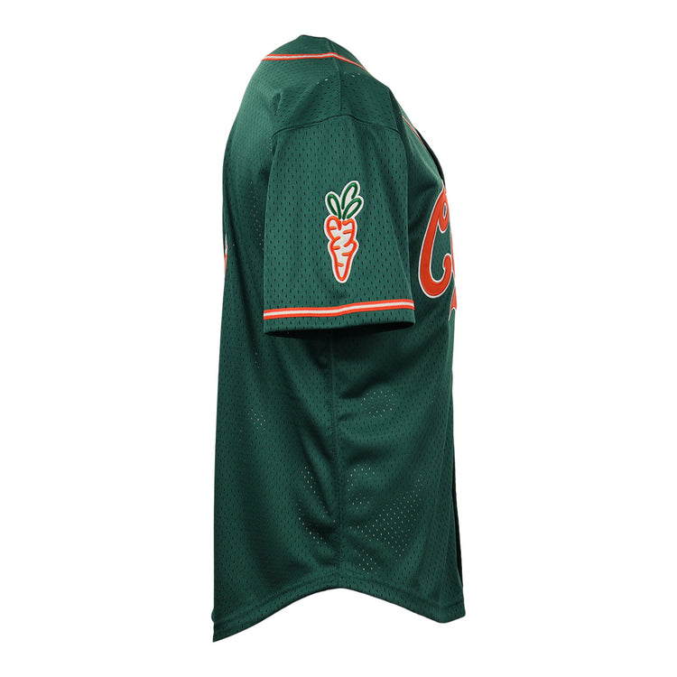The EFF Carrots Arlington Heights Collection Button-Up Mesh Jersey in green mesh with orange trim features a carrot patch on the sleeve and partial orange front lettering, shown from a side view. Made in collaboration with Carrots and Ebbets Field Flannels.