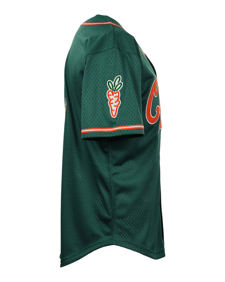 The EFF Carrots Arlington Heights Collection Button-Up Mesh Jersey in green mesh with orange trim features a carrot patch on the sleeve and partial orange front lettering, shown from a side view. Made in collaboration with Carrots and Ebbets Field Flannels.