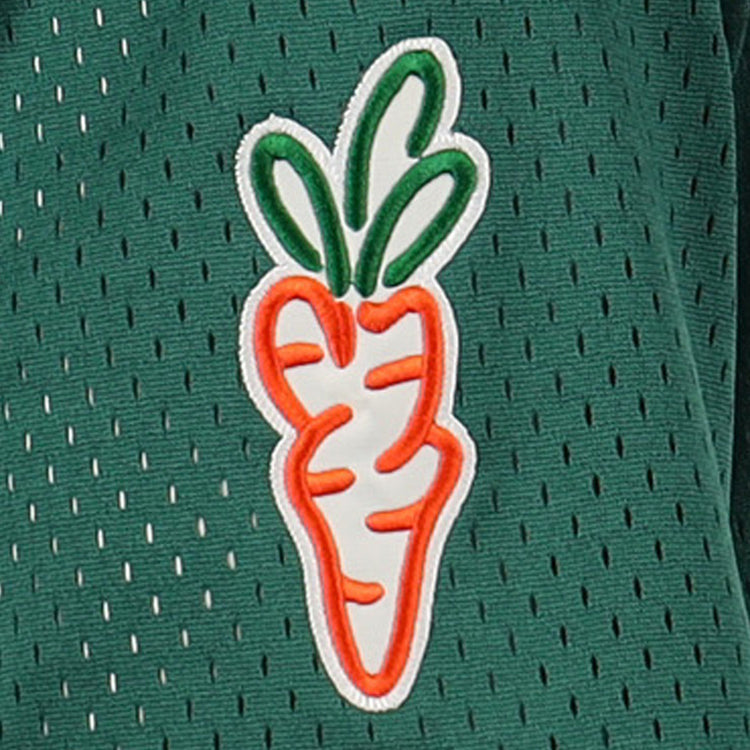 An orange embroidered carrot with green leaves is sewn onto a green perforated mesh background on the EFF Carrots Arlington Heights Collection Button-Up Mesh Jersey.