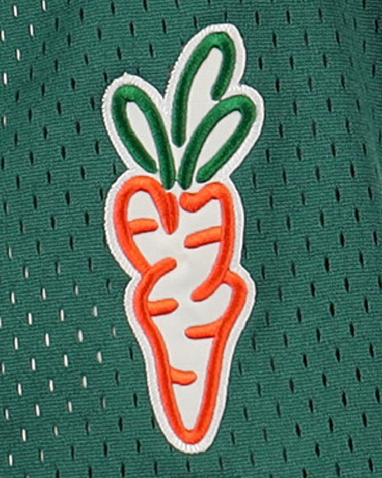 An orange embroidered carrot with green leaves is sewn onto a green perforated mesh background on the EFF Carrots Arlington Heights Collection Button-Up Mesh Jersey.