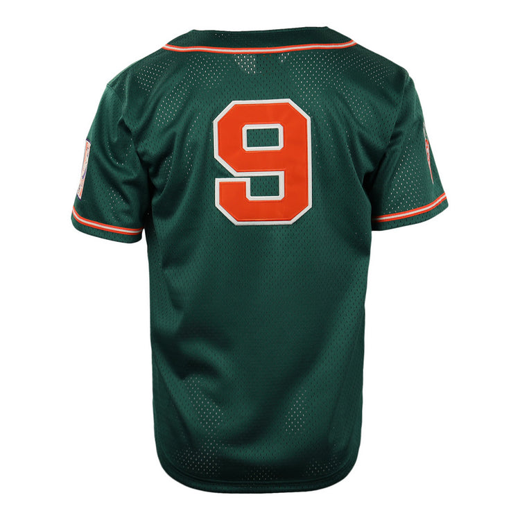 The EFF Carrots Arlington Heights Collection Button-Up Mesh Jersey features green mesh, orange and white striped sleeves and collar, a large orange number 9 outlined in white on the back, and a patch on the left sleeve.