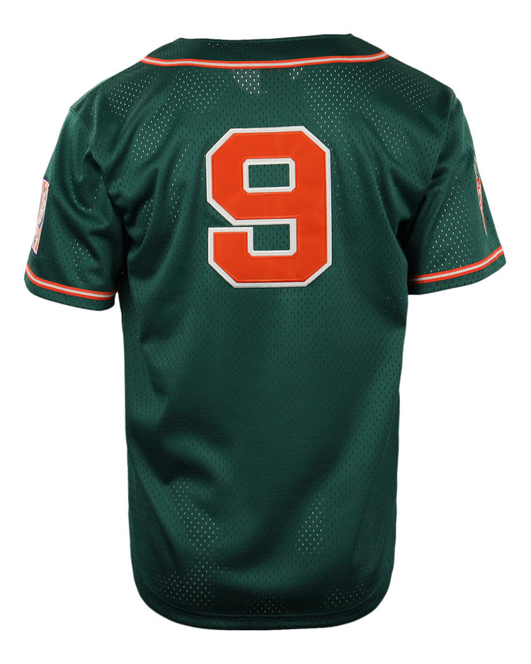The EFF Carrots Arlington Heights Collection Button-Up Mesh Jersey features green mesh, orange and white striped sleeves and collar, a large orange number 9 outlined in white on the back, and a patch on the left sleeve.