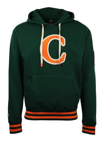 The Carrots Arlington Heights Collection Hoodie by EFF features dark green fabric, a bold orange and white C on the chest, white drawstrings, a front pocket, and orange-striped cuffs—ideal for Arlington Heights Carrots fans.