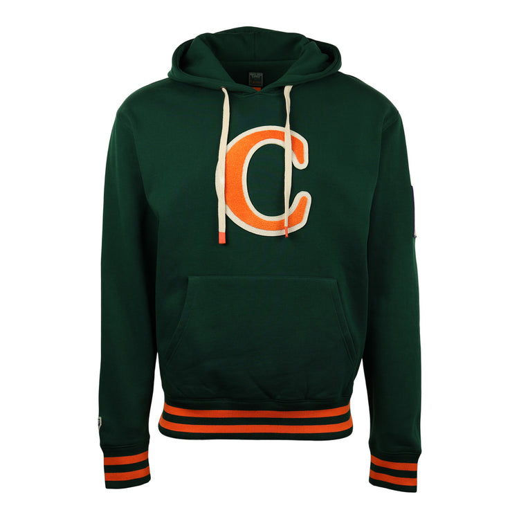 The Carrots Arlington Heights Collection Hoodie by EFF features dark green fabric, a bold orange and white C on the chest, white drawstrings, a front pocket, and orange-striped cuffs—ideal for Arlington Heights Carrots fans.