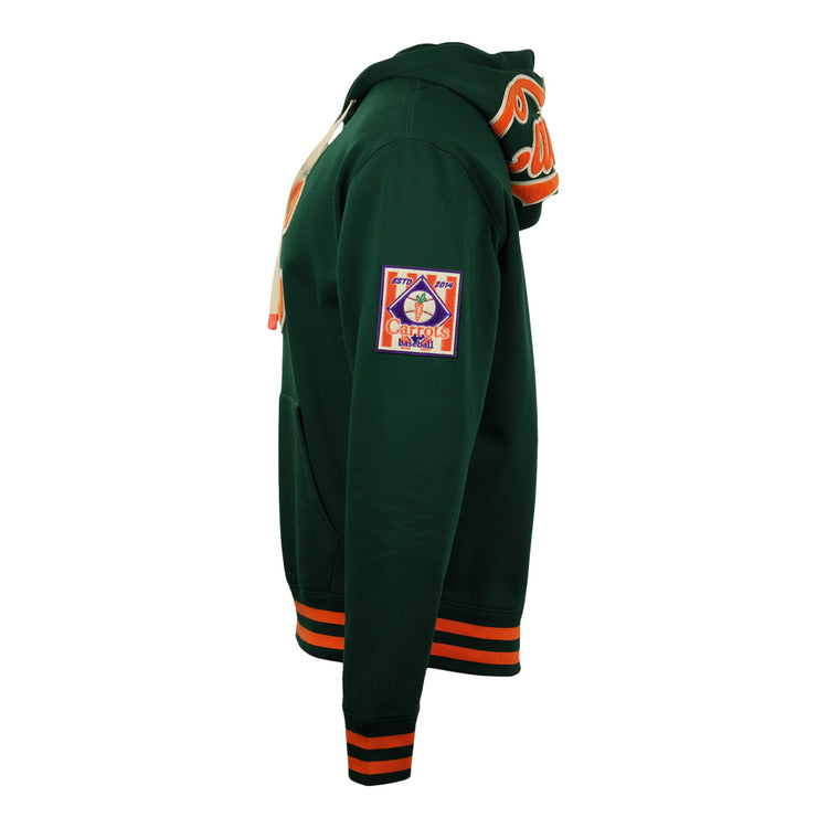 The EFF Carrots Arlington Heights Collection Hoodie features dark green fabric, orange and black striped cuffs and waistband, a “Cardinals” sleeve patch, and orange Cardinals text on the hood inspired by classic Ebbets Field Flannels style.