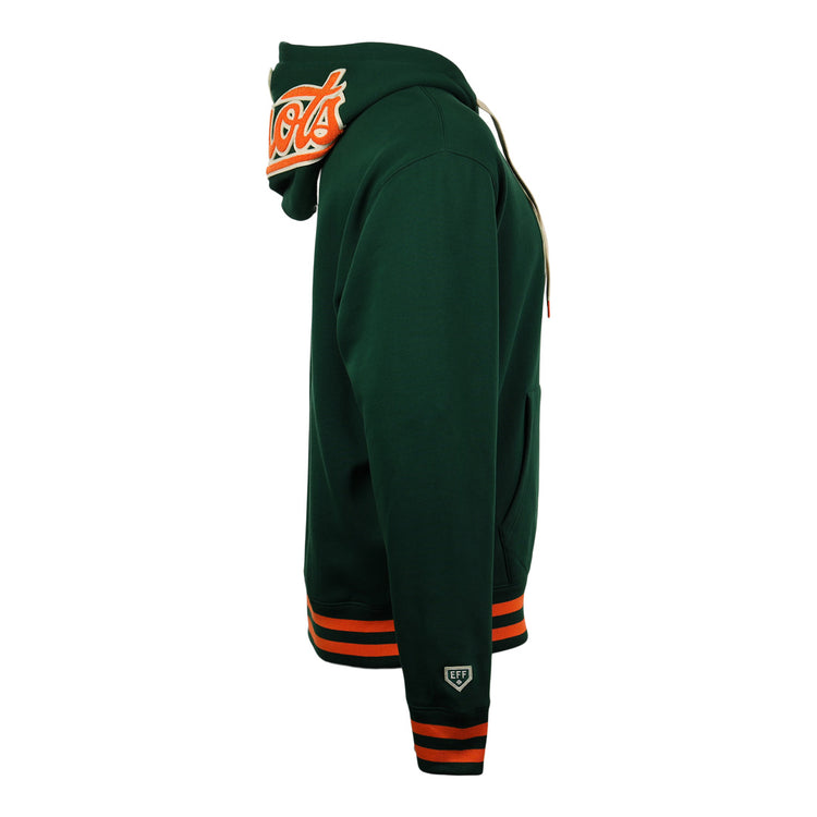 Side view of the EFF Carrots Arlington Heights Collection Hoodie in dark green, featuring orange and white striped cuffs and waistband, sleeve patch, and large embroidered Arlington Heights Carrots logo on the raised hood.