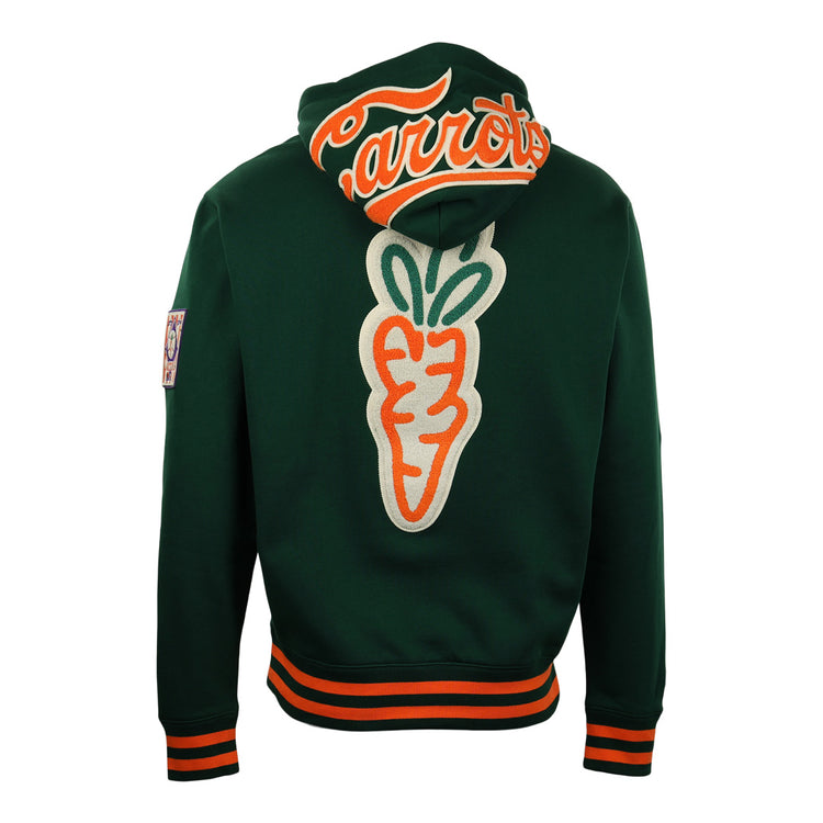 The EFF Carrots Arlington Heights Collection Hoodie is dark green with orange and white striped cuffs and hem, a large orange carrot graphic on the back, “Carrots” in orange script on the hood, and an Ebbets Field Flannels patch on the left sleeve.