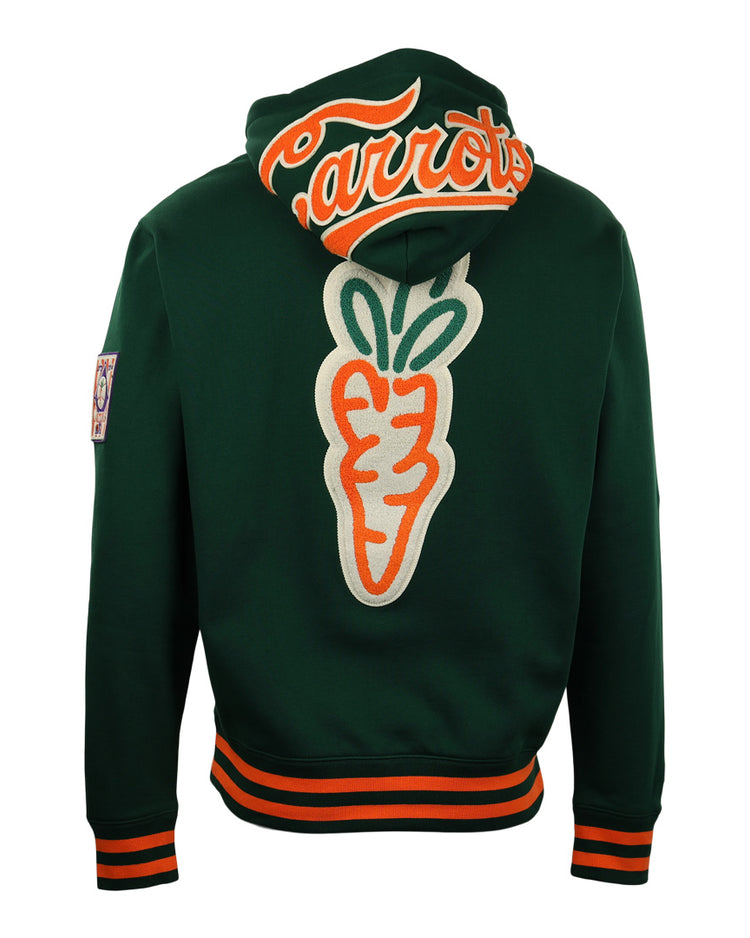 The EFF Carrots Arlington Heights Collection Hoodie is dark green with orange and white striped cuffs and hem, a large orange carrot graphic on the back, “Carrots” in orange script on the hood, and an Ebbets Field Flannels patch on the left sleeve.