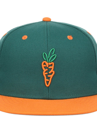 The EFF Carrots Arlington Heights Collection Logo Fitted Ballcap features a green crown, orange brim and top button, and an embroidered orange carrot with green leaves—ideal for Carrots collectors or Arlington Heights fans.