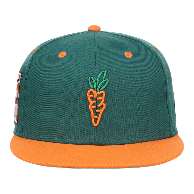 The EFF Carrots Arlington Heights Collection Logo Fitted Ballcap features a green crown, orange brim and top button, and an embroidered orange carrot with green leaves—ideal for Carrots collectors or Arlington Heights fans.