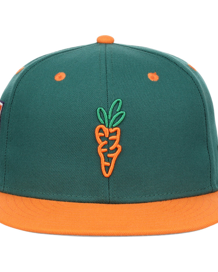 The EFF Carrots Arlington Heights Collection Logo Fitted Ballcap features a green crown, orange brim and top button, and an embroidered orange carrot with green leaves—ideal for Carrots collectors or Arlington Heights fans.