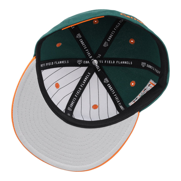 An overhead view of the Carrots Arlington Heights Collection Logo Fitted Ballcap by EFF shows a green crown, grey pinstriped underbill, orange ventilation holes, black sweatband, and branded inner lining.