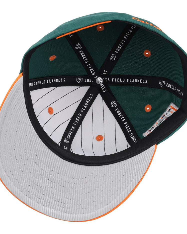 An overhead view of the Carrots Arlington Heights Collection Logo Fitted Ballcap by EFF shows a green crown, grey pinstriped underbill, orange ventilation holes, black sweatband, and branded inner lining.
