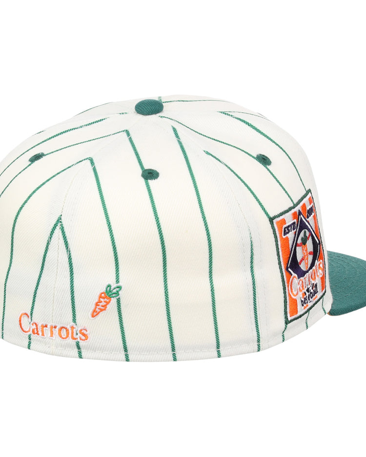 The EFF Carrots Arlington Heights Collection Pinstripe Fitted Ballcap features green pinstripes and brim, an embroidered carrot, the word Carrots, and a colorful patch—highlighting its EFF x Carrots collab.
