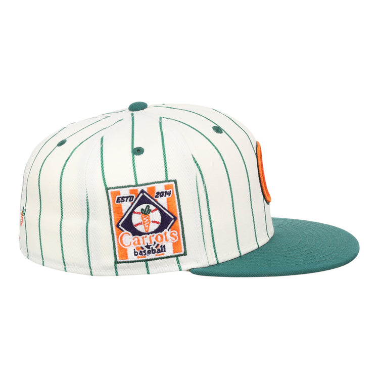 The Carrots Arlington Heights Collection Pinstripe Fitted Ballcap by EFF features white fabric with green pinstripes, a green flat brim, an embroidered Carrots baseball patch, and a modern structured crown.