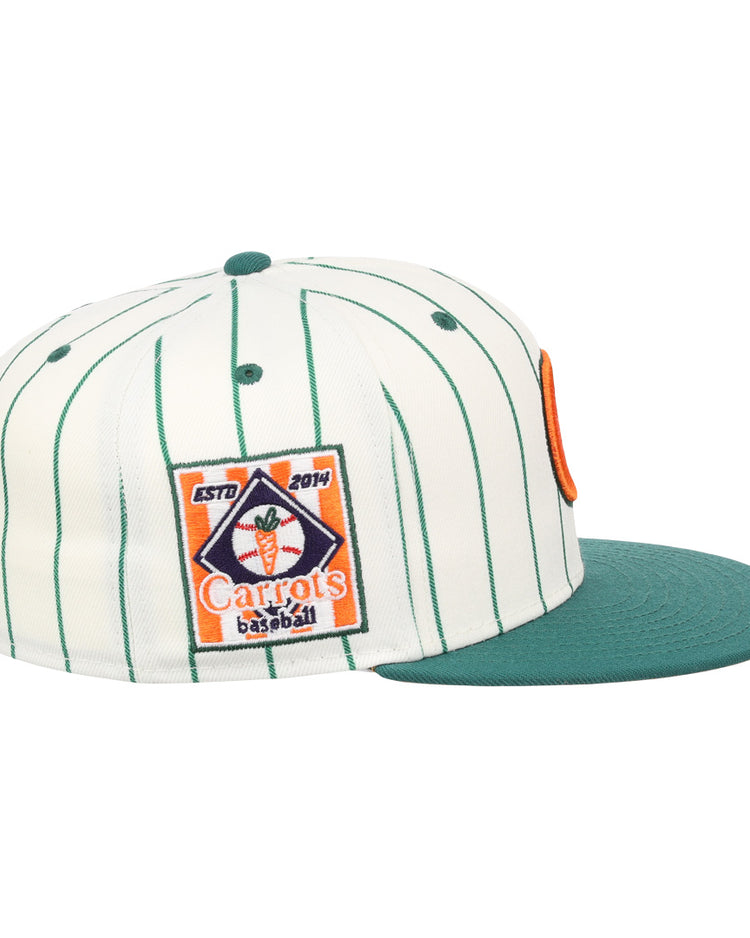 The Carrots Arlington Heights Collection Pinstripe Fitted Ballcap by EFF features white fabric with green pinstripes, a green flat brim, an embroidered Carrots baseball patch, and a modern structured crown.