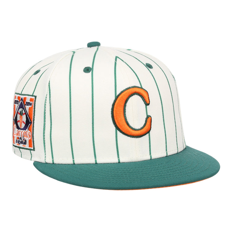 The EFF Carrots Arlington Heights Collection Pinstripe Fitted Ballcap features green pinstripes on white, a green brim, an orange “C” front logo, and Carrots patch—part of the Arlington Heights x EFF collab.