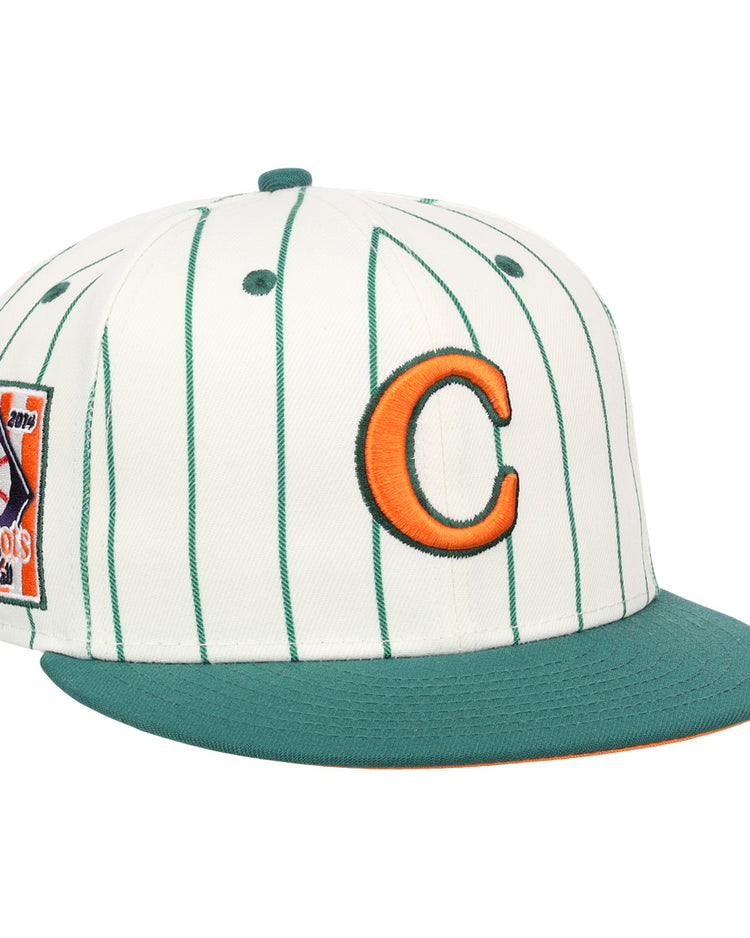 The EFF Carrots Arlington Heights Collection Pinstripe Fitted Ballcap features green pinstripes on white, a green brim, an orange “C” front logo, and Carrots patch—part of the Arlington Heights x EFF collab.