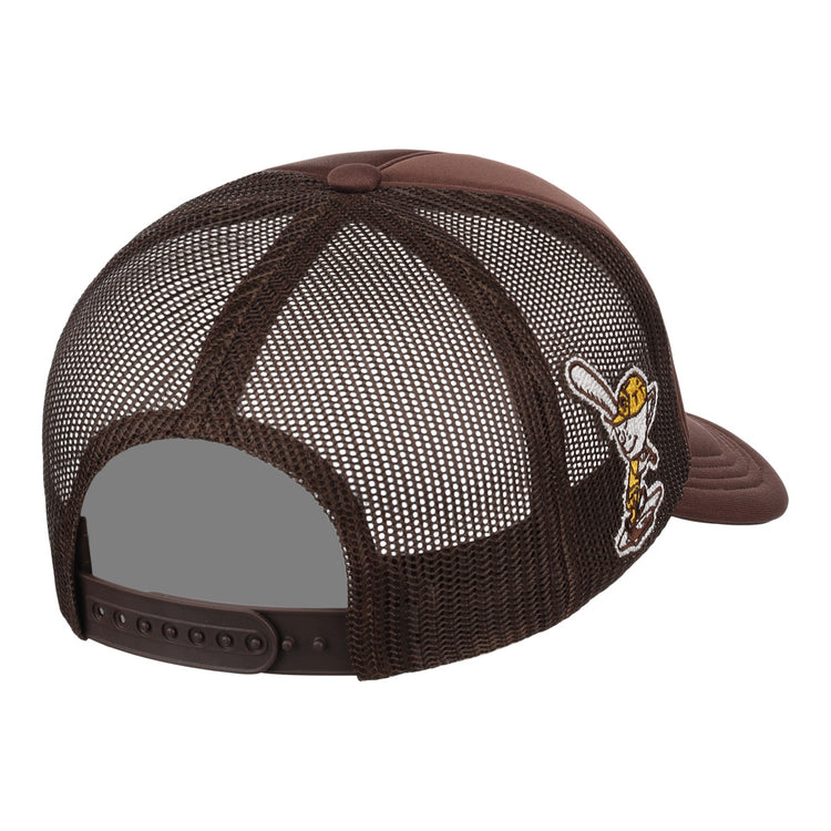 The EFF Cordoba Cafeteros EFF DNA Trucker is a brown mesh cap with a snapback strap and side embroidery of a cartoon in a yellow hat holding a bat—a vintage-style trucker reminiscent of Ebbets Field Flannels.