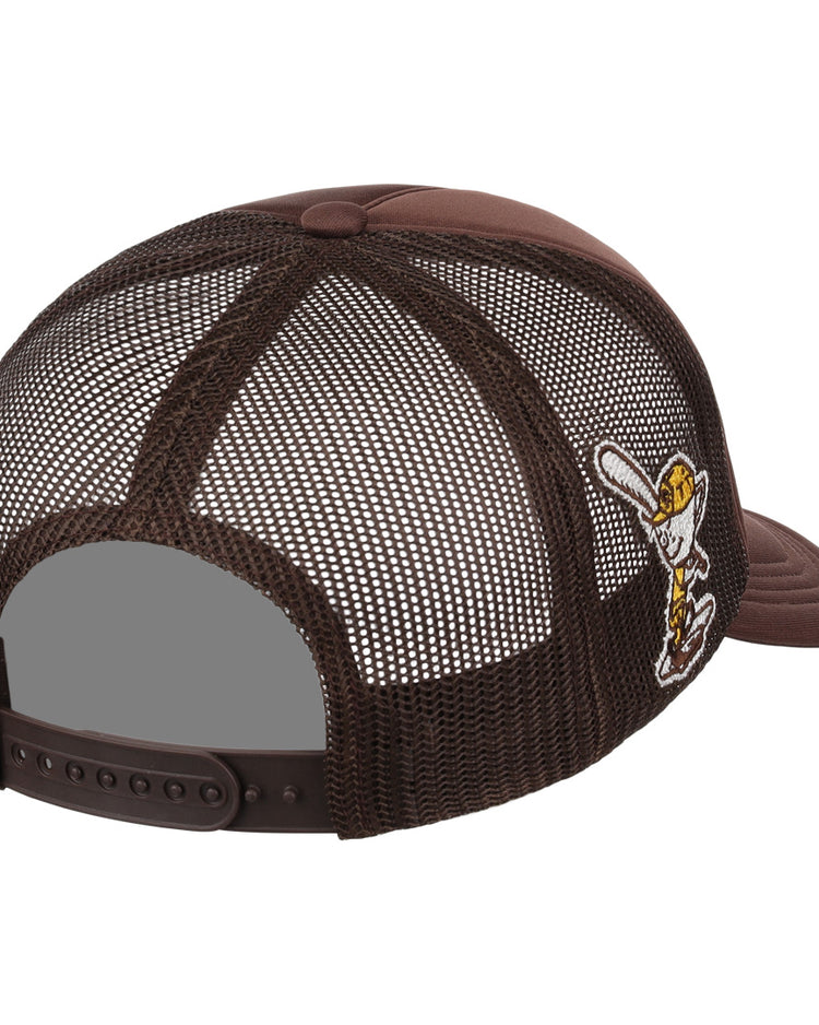 The EFF Cordoba Cafeteros EFF DNA Trucker is a brown mesh cap with a snapback strap and side embroidery of a cartoon in a yellow hat holding a bat—a vintage-style trucker reminiscent of Ebbets Field Flannels.