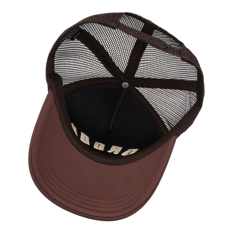 A brown mesh Cordoba Cafeteros EFF DNA Trucker hat by EFF is shown from above, revealing its interior structure, black lining, and partial yellow front lettering—vintage-inspired design.