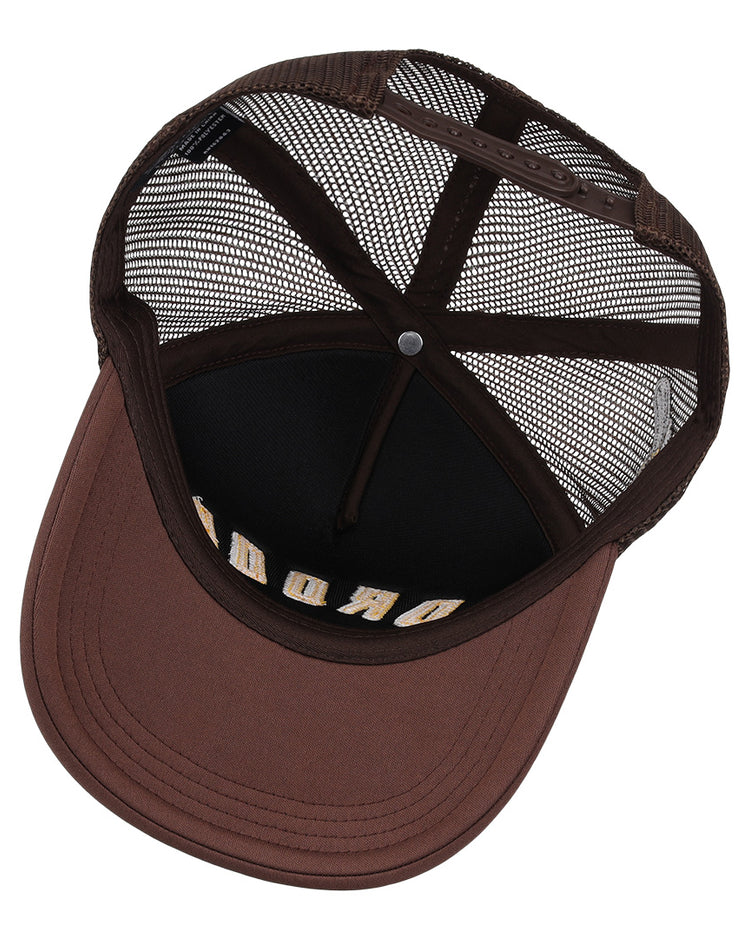 A brown mesh Cordoba Cafeteros EFF DNA Trucker hat by EFF is shown from above, revealing its interior structure, black lining, and partial yellow front lettering—vintage-inspired design.