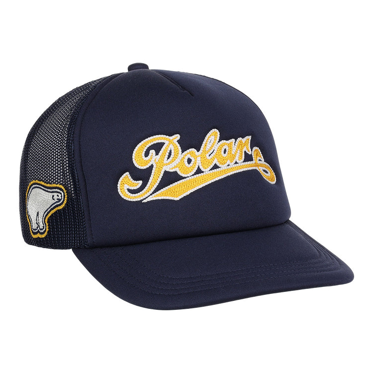 The EFF Cerveceria Polar EFF DNA Trucker is a navy vintage-style cap featuring Polar in yellow script on the front and a small embroidered polar bear on the mesh side panel, inspired by classic Ebbets Field Flannels.