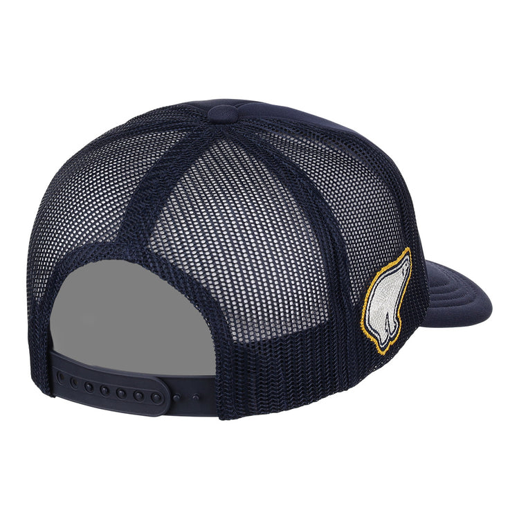 The EFF Cerveceria Polar EFF DNA Trucker is a navy blue mesh trucker hat, vintage-inspired, with an adjustable snapback closure and a yellow-bordered white bear patch on the side, shown from the back.